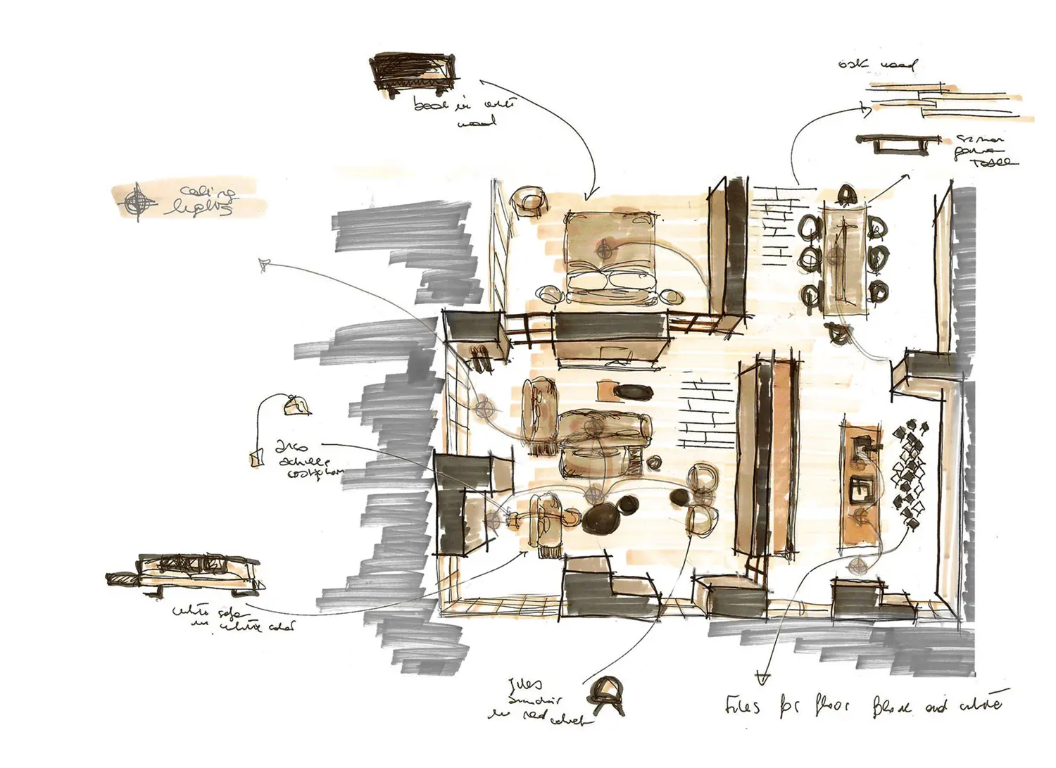 Hand-drawn top-down sketch of a living room layout with furniture annotations