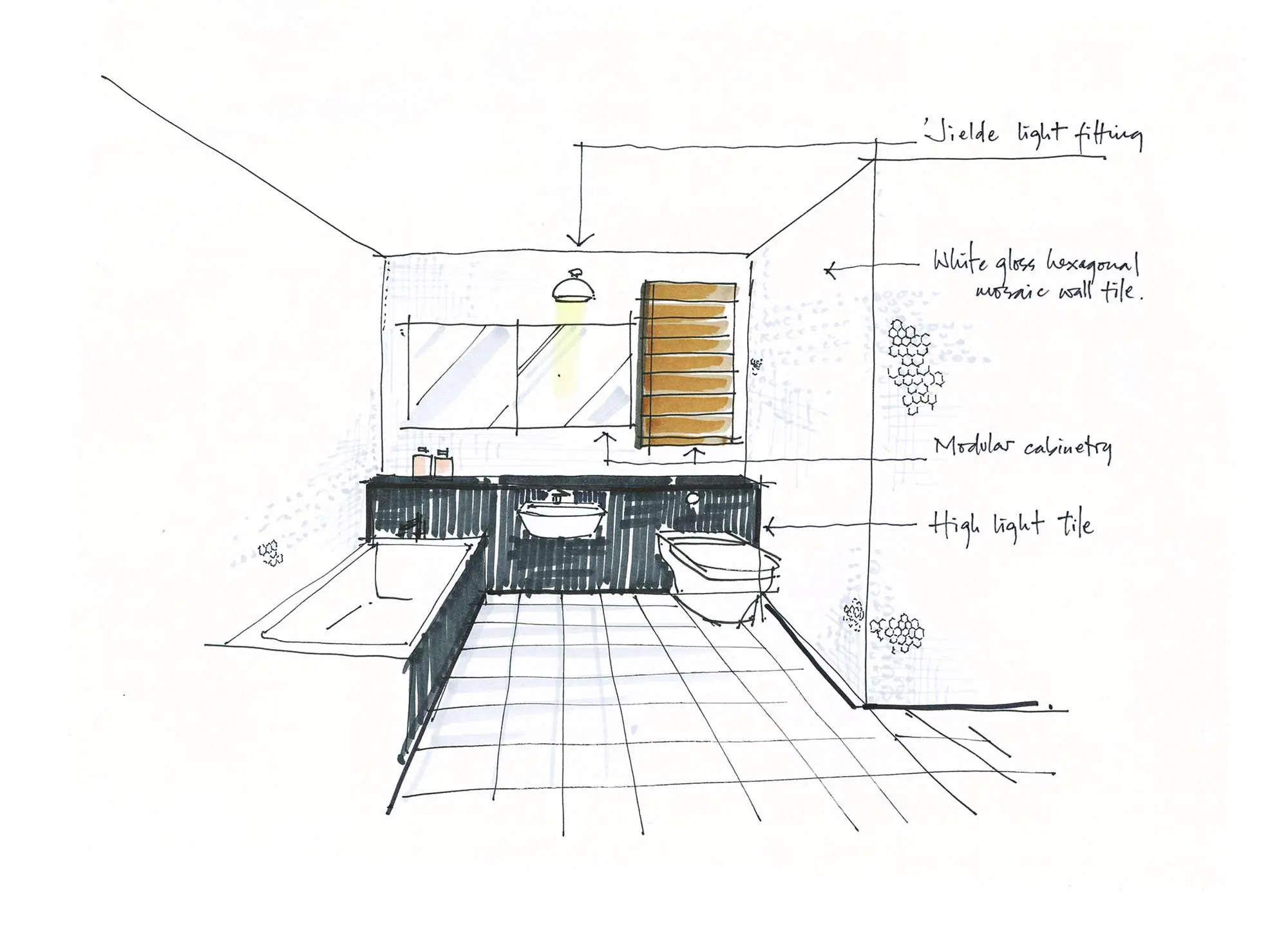Hand-drawn sketch of a bathroom design with material notes