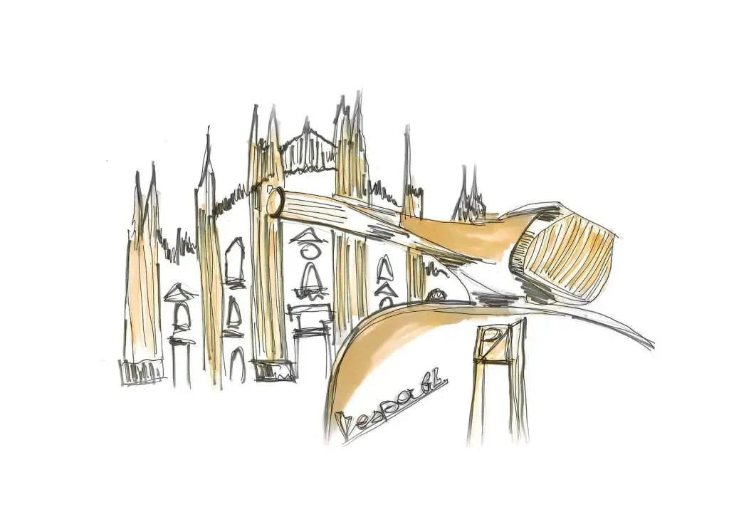 Pen sketch of Milan's cathedral spires beside a Vespa scooter handlebar and mirror