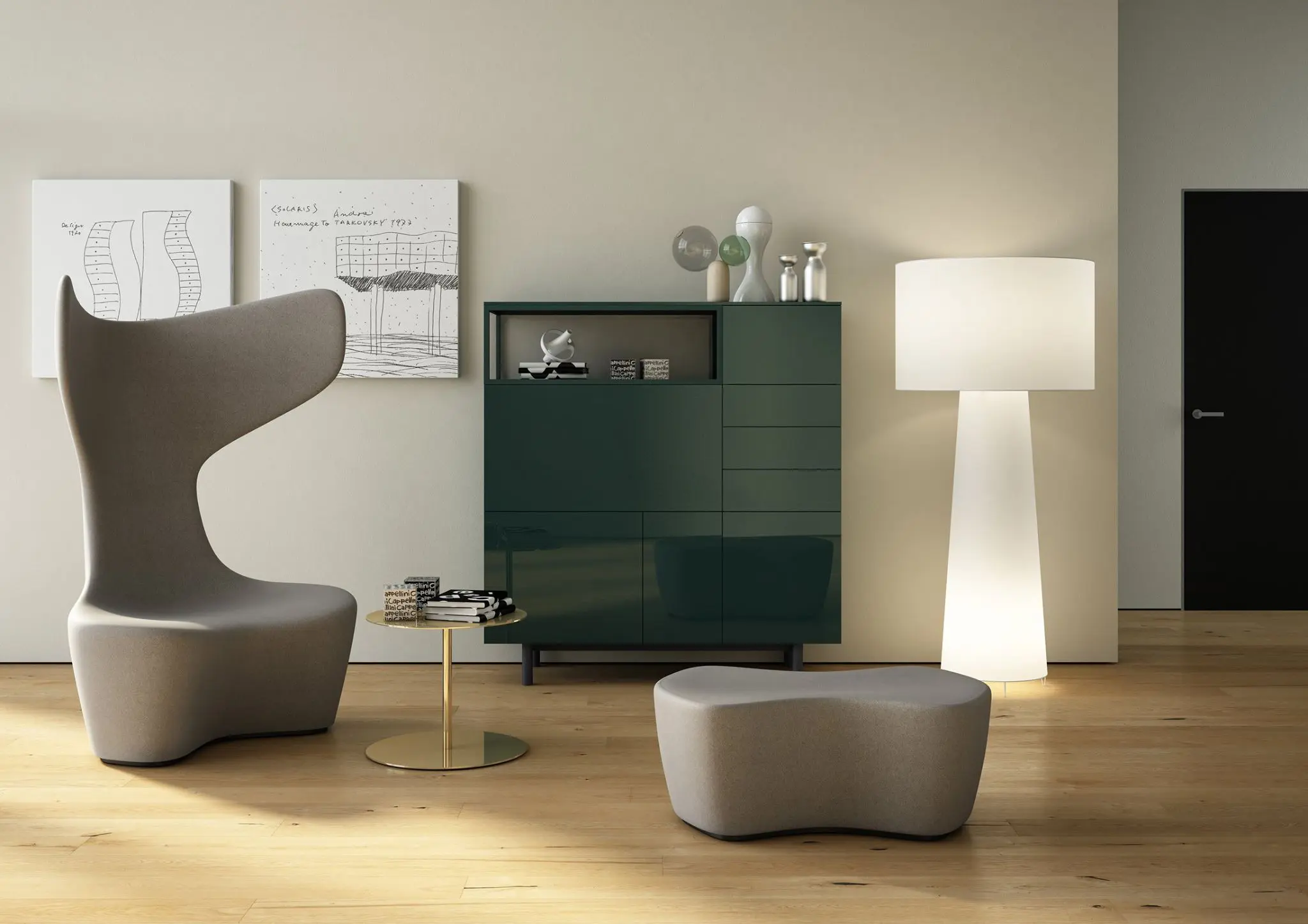 modern interiors with wooden floor, grey chair, green cabinet, taupe wall with architecture art hanging