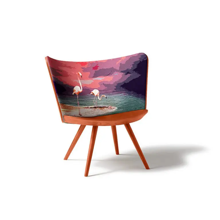 Curved wood chair with a flamingo sunset print upholstered on its backrest