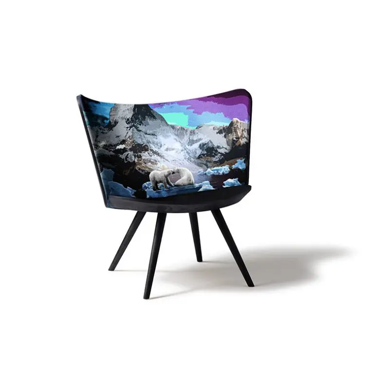 Curved wood chair with a snowy mountain and polar bear print upholstered on its backrest