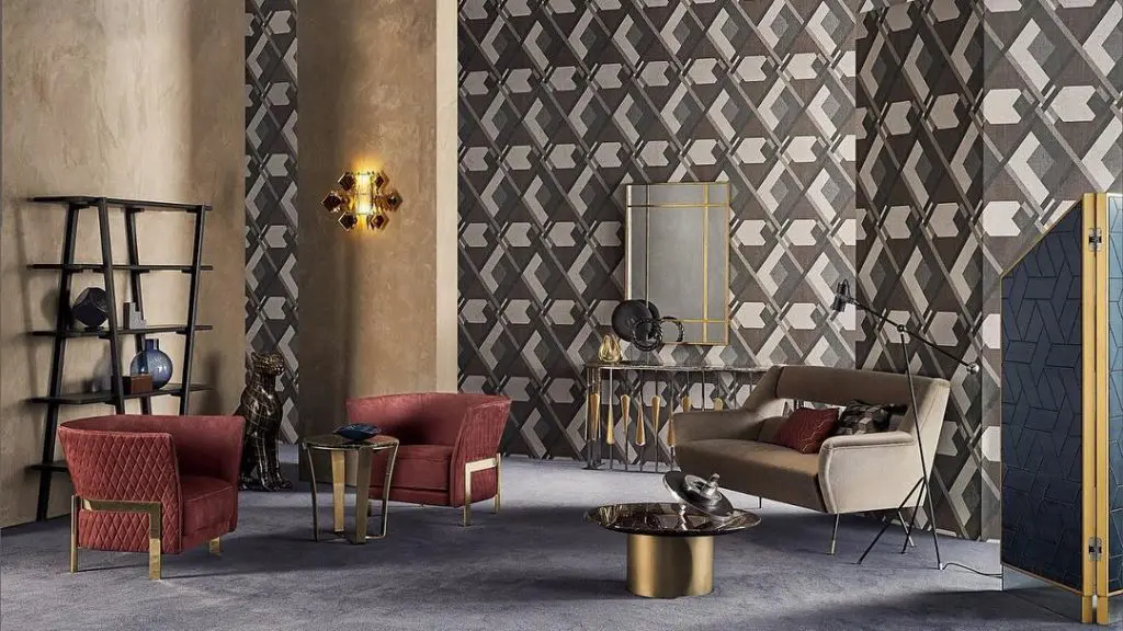 Classic living room with a cream tufted sofa, ornate white boiserie panelling and a gold coffee table with red inlay