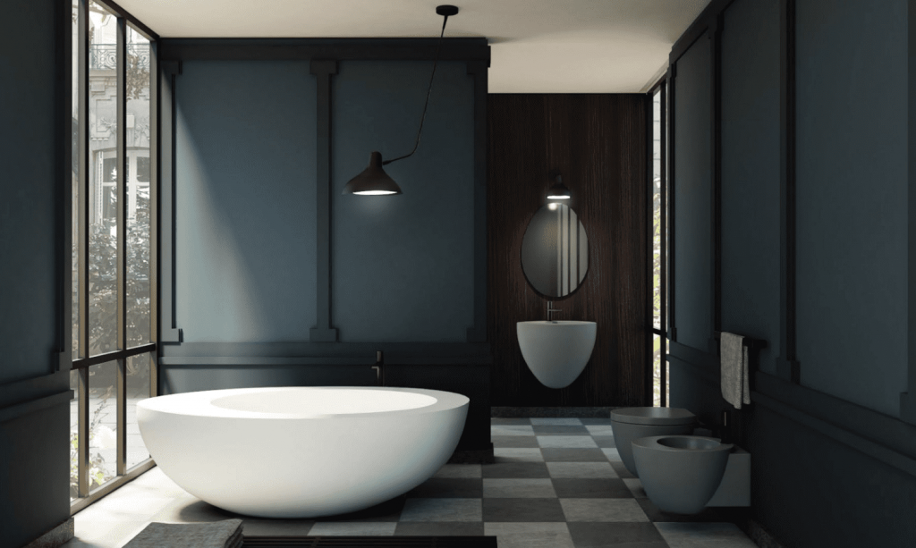 Ceramica Cielo Le Giare bathroom with a white oval freestanding tub, dark blue walls and a checkerboard floor