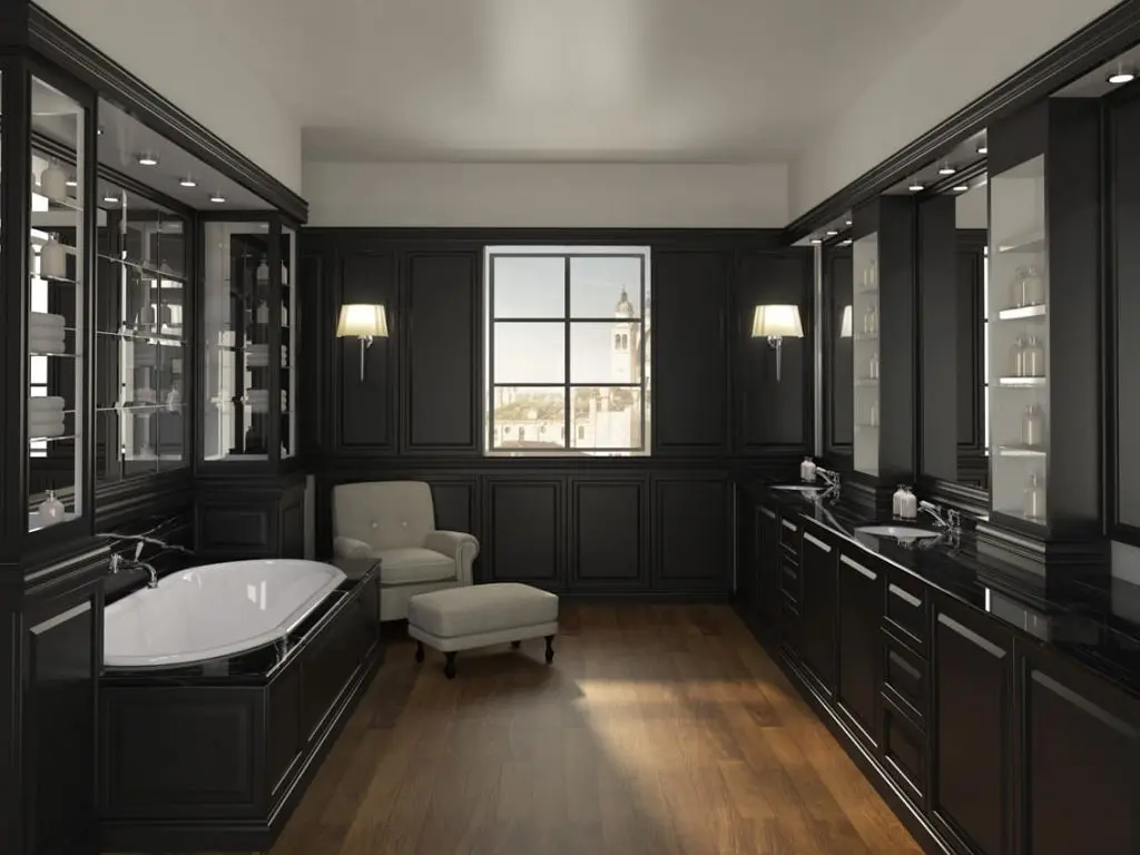 Devon&Devon black-panelled bathroom with a tub, armchair and window overlooking a city view