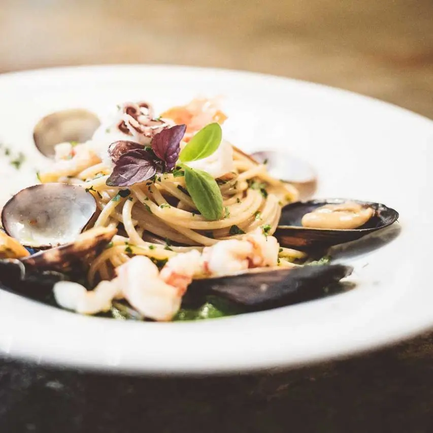 Seafood pasta dish with clams, mussels and shrimp