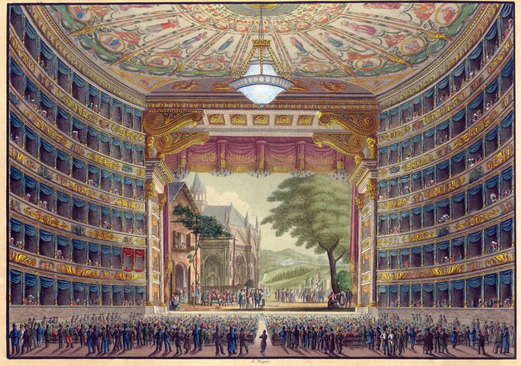 Illustrated view of an ornate opera house auditorium with tiered box seating and a stage set