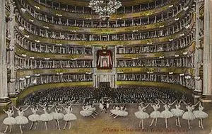 Vintage postcard of La Scala theatre interior with ballerinas performing