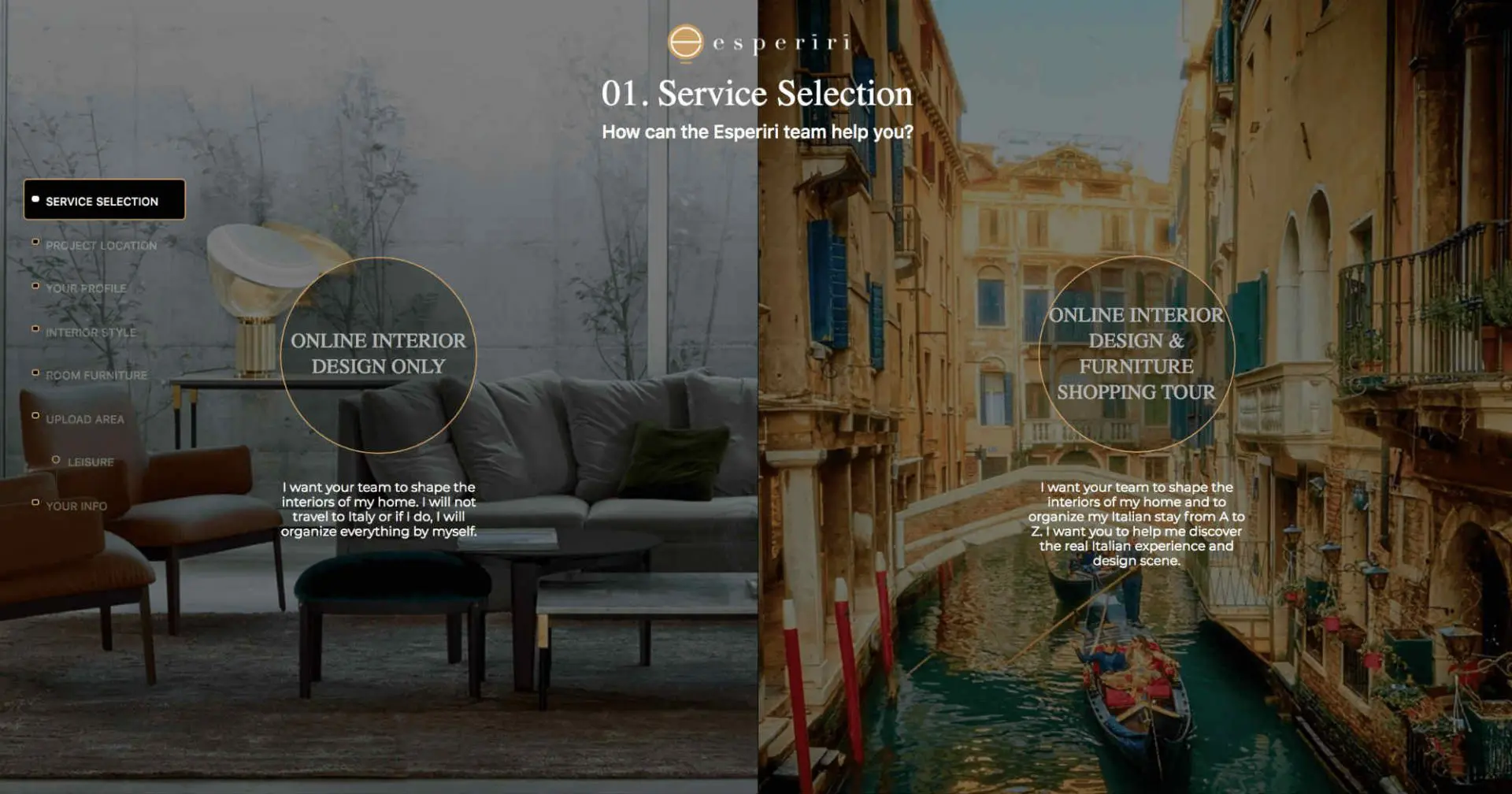 esperiri Service Selection page split between a living room photo and a Venice canal scene
