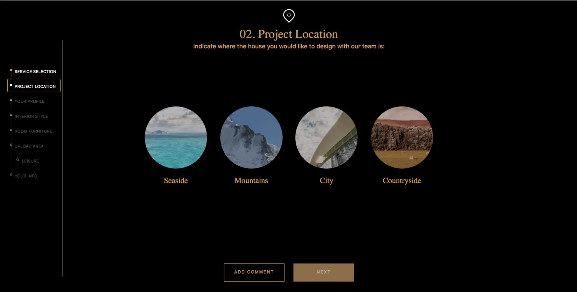 dark webpage step asking to pick a project location: seaside, mountains, city or countryside