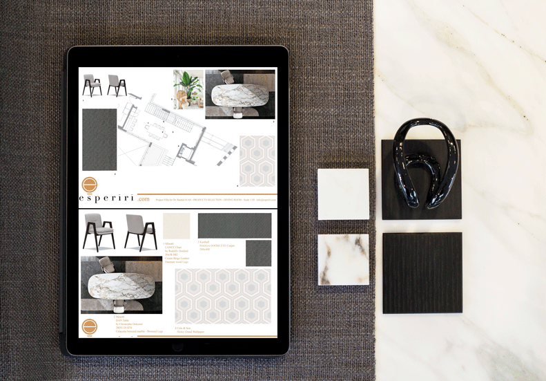 tablet showing an interior mood board next to marble and stone samples