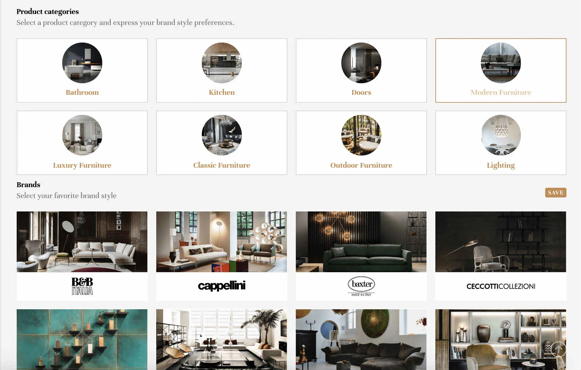 Product category and furniture brand selection screen listing B&B Italia, Cappellini, Baxter and Ceccotti