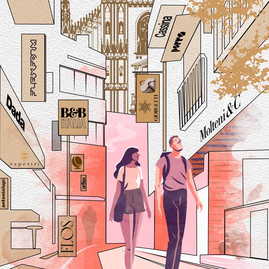 illustrated Milan street scene with furniture brand signs and two people walking