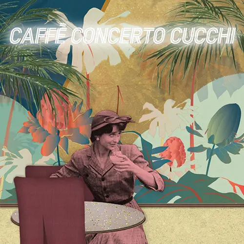 illustrated vintage poster for Caffe Concerto Cucchi with a woman in a tropical scene