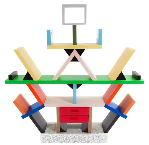 colorful geometric shelving unit with red drawers and asymmetrical shapes