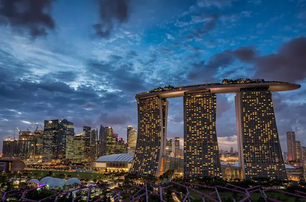 Marina Bay Sands towers and the Singapore skyline at dusk