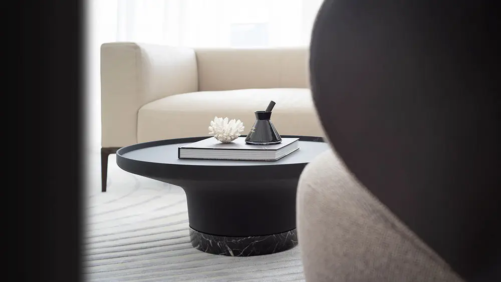 close-up of a black round coffee table with books and a coral ornament