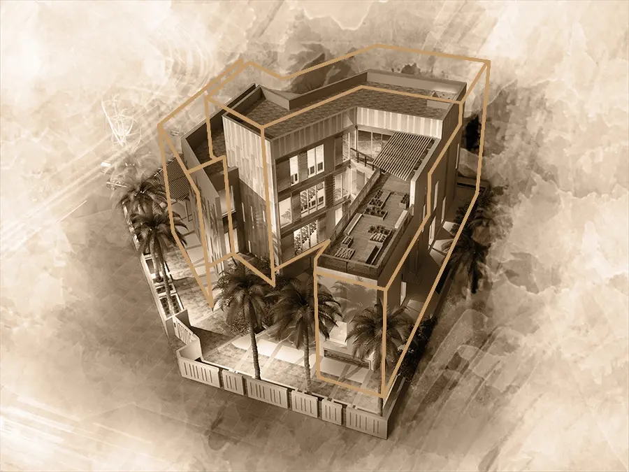 Sepia axonometric cutaway rendering of a modern four-story villa among palm trees