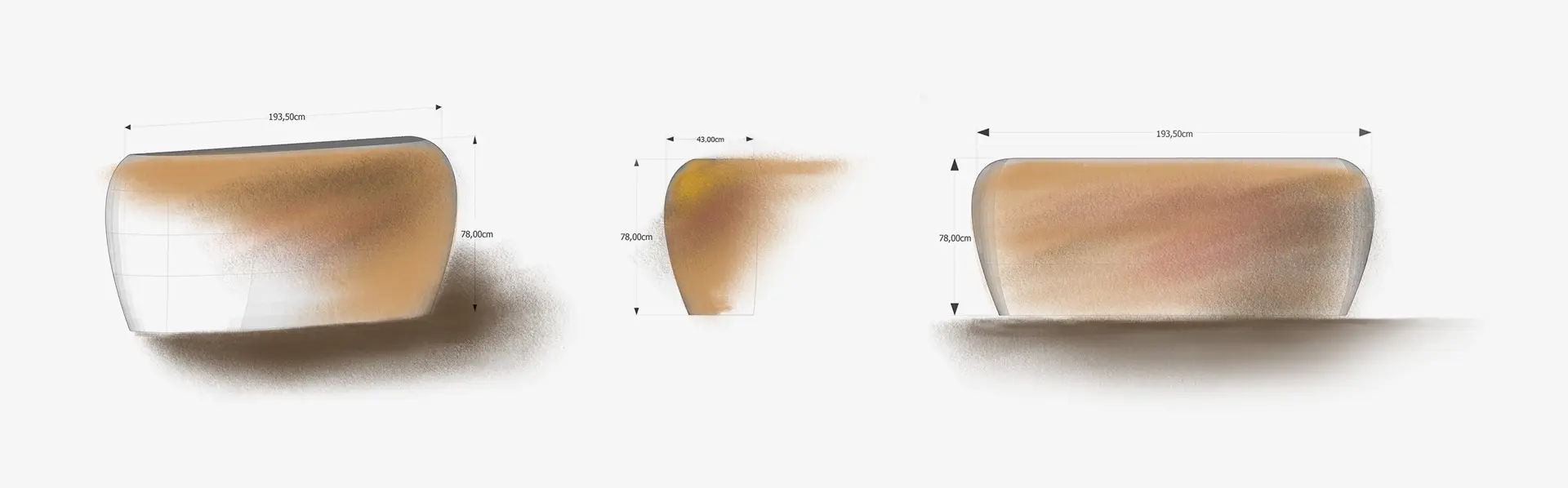 Three sketch renderings of a curved wooden entryway console in different sizes