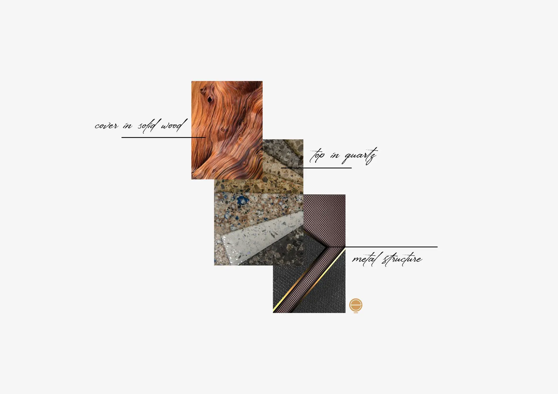 Materials moodboard of solid wood, quartz stone and metal structure finishes