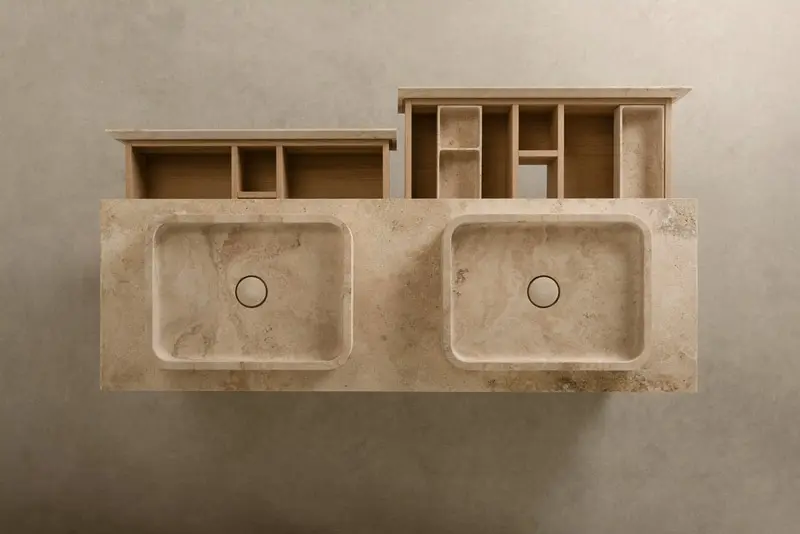 Overhead view of a stone double vanity top with wood-lined open shelving above