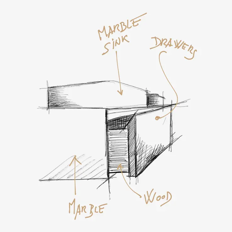 Hand-drawn cross-section sketch of a vanity marking the marble sink, drawers and wood core