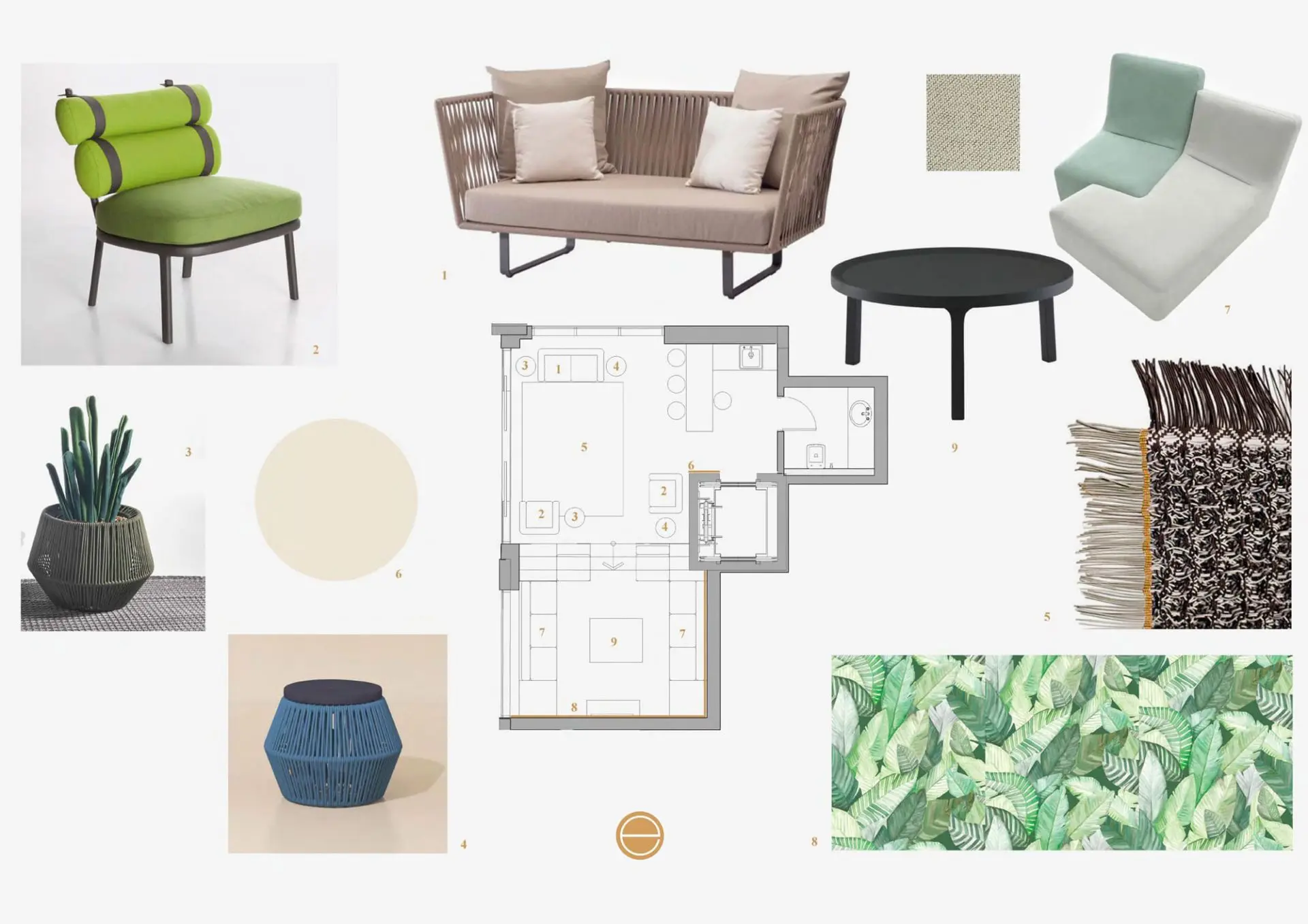 Outdoor furniture moodboard with a green lounge chair, taupe rope sofa and round black table