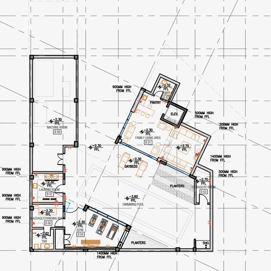 Basement floor plan showing pool, gym, massage room and family living area layout