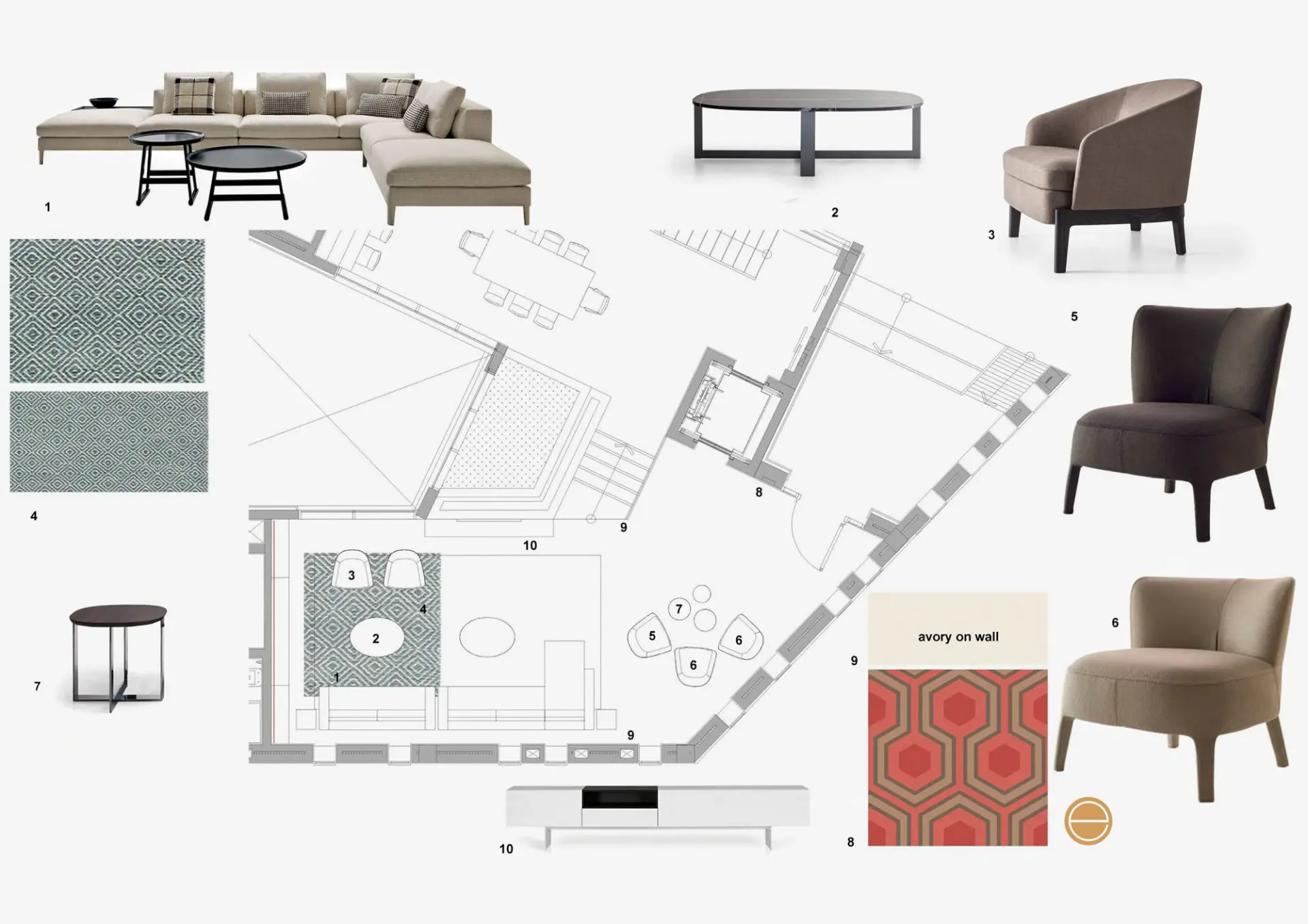 Living room moodboard with a beige sectional sofa, oval table and upholstered armchairs