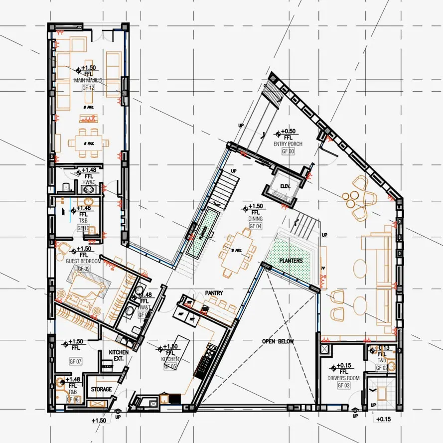 Ground-floor plan showing entry, dining room, living room and staircase layout