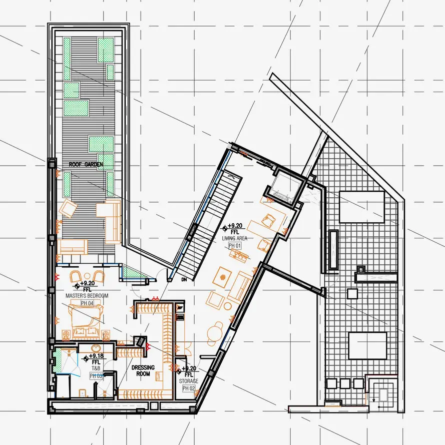Attic-floor plan with a roof garden, master bedroom, dressing room and living area