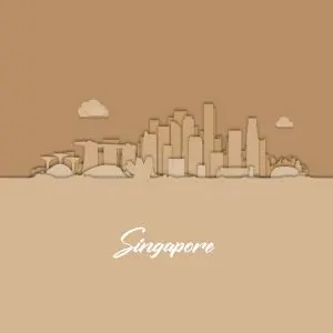 Papercut-style illustration of the Singapore skyline in tan tones with a Singapore caption