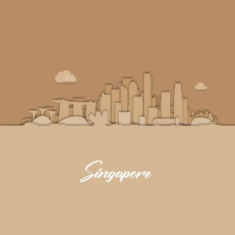 Papercut-style illustration of the Singapore skyline in tan tones with a Singapore caption