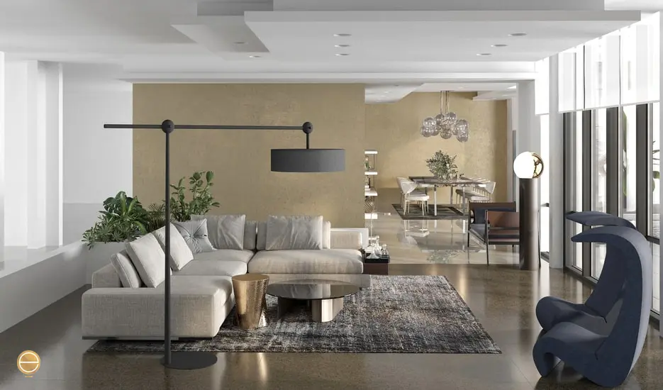 luxury living room and dining room as open space furnished with Italian furniture in an interior design jeddah project developed by Italian interior designers