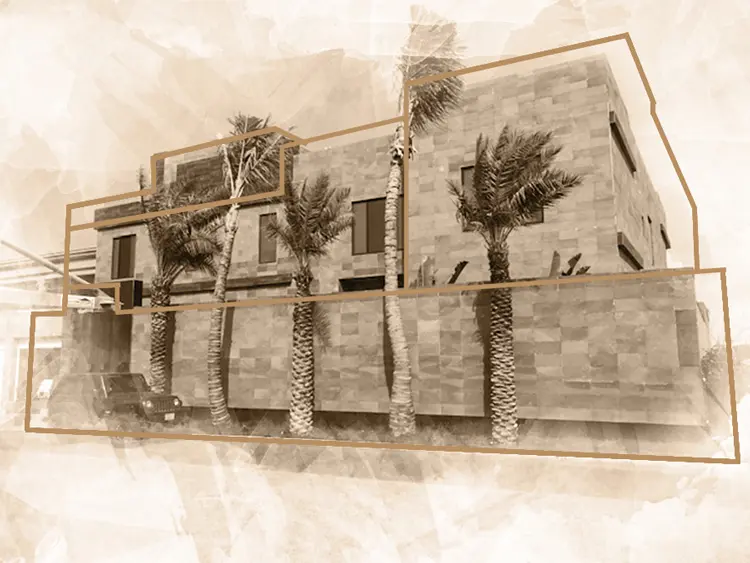 Sepia sketch of a stone building facade with palm trees in front