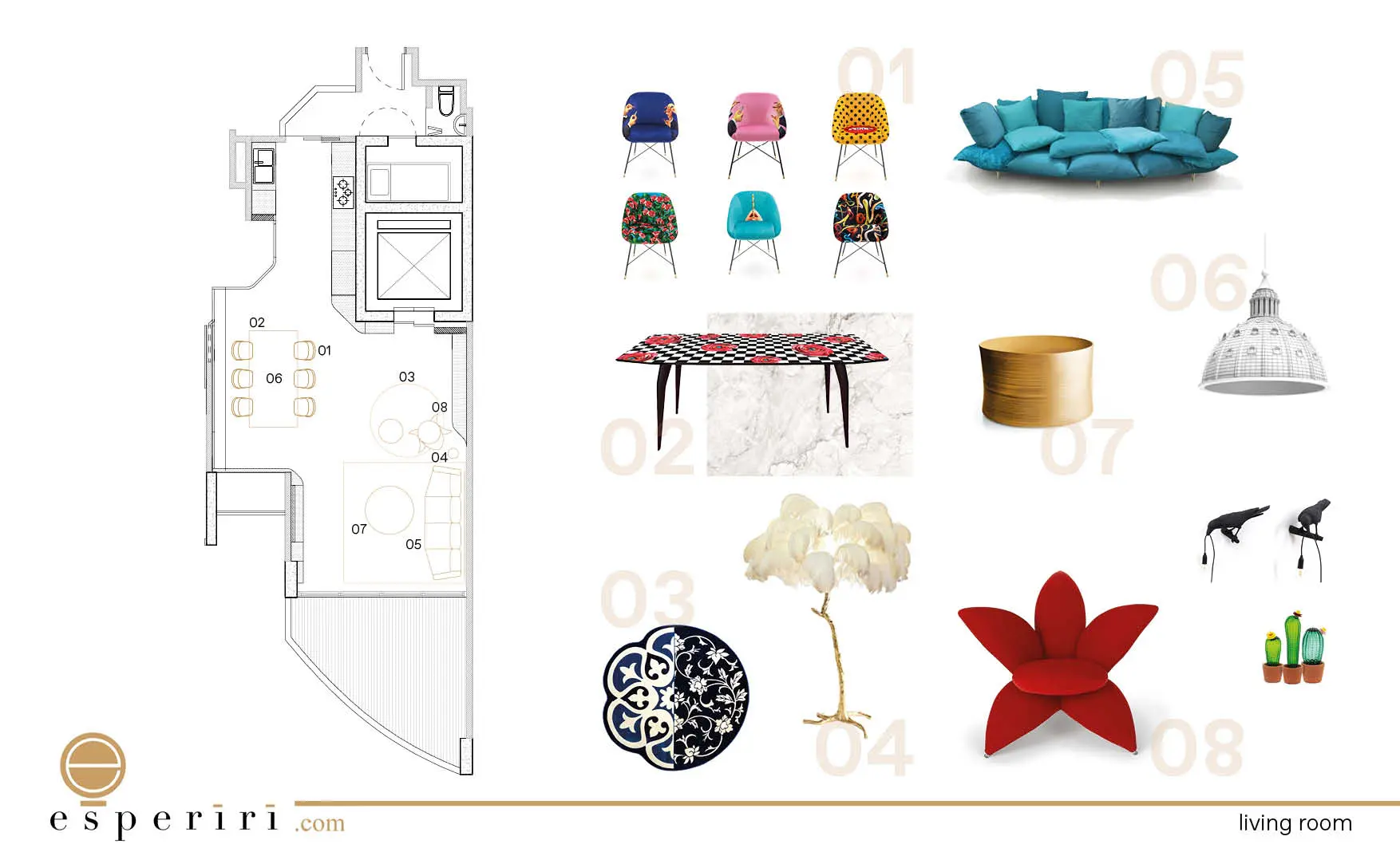 living room moodboard and composition of high end furniture in Singapore