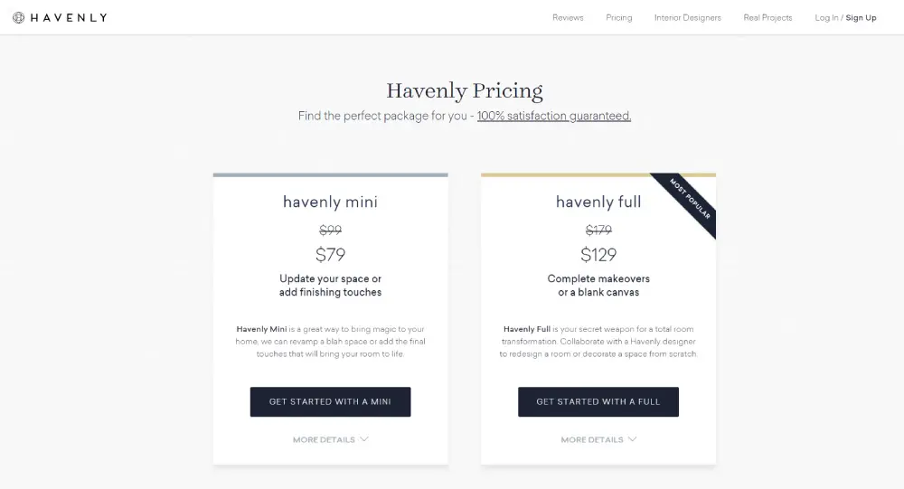 Havenly pricing webpage comparing the mini and full design packages