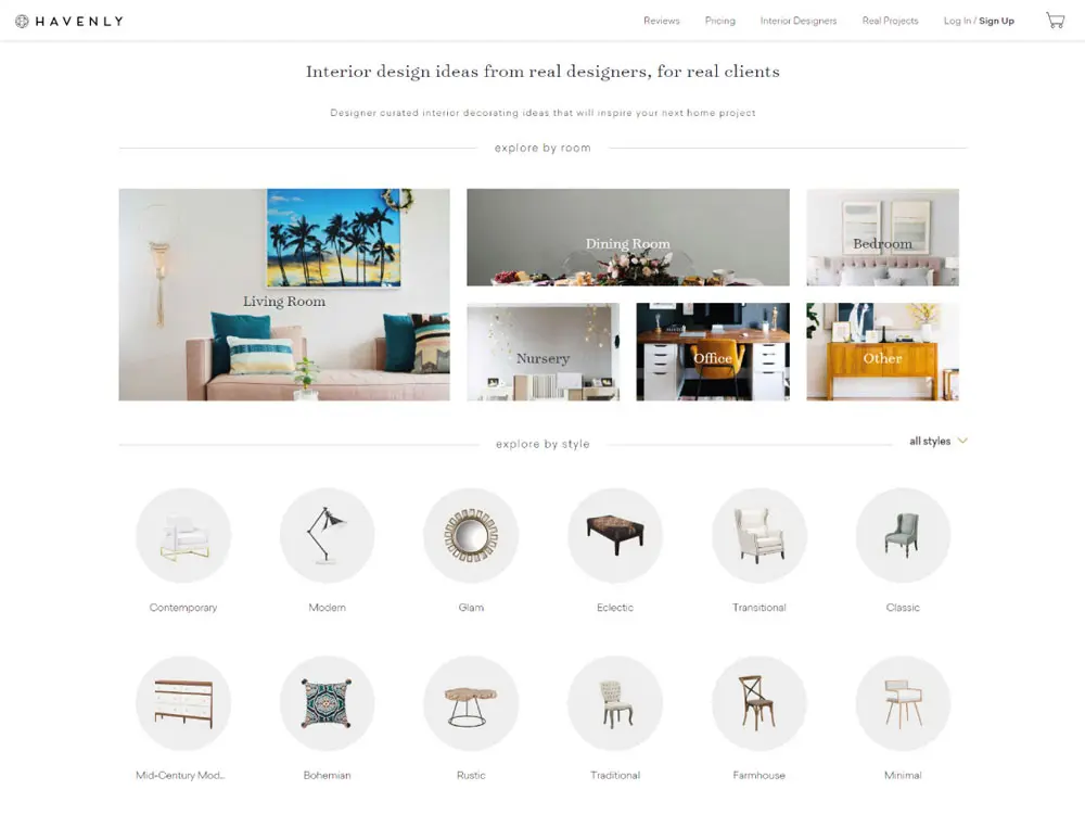 Havenly website homepage showing interior design ideas organized by room and style