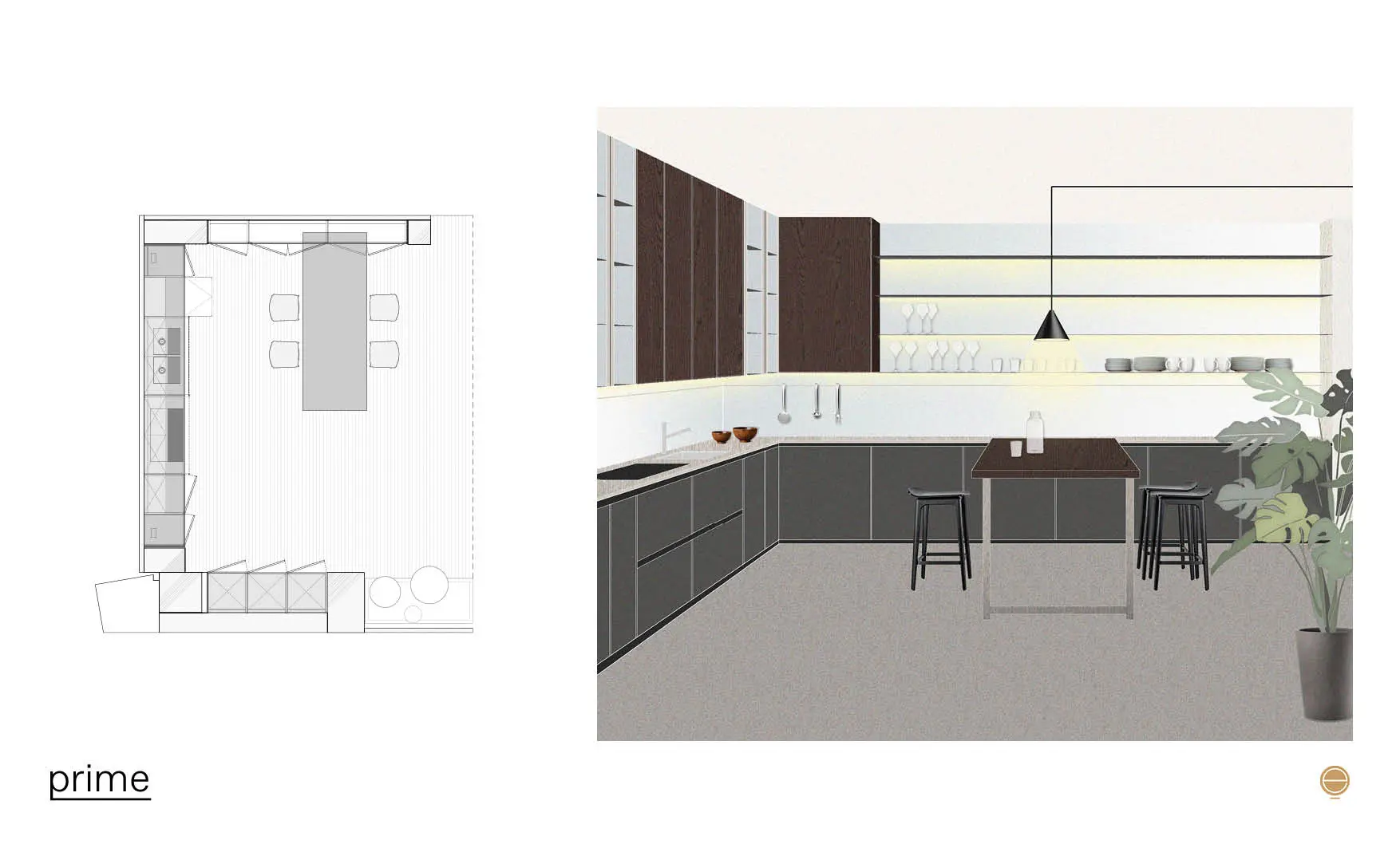 Moodboard for a Dada Prime kitchen with dark wood cabinets, an island and dining table