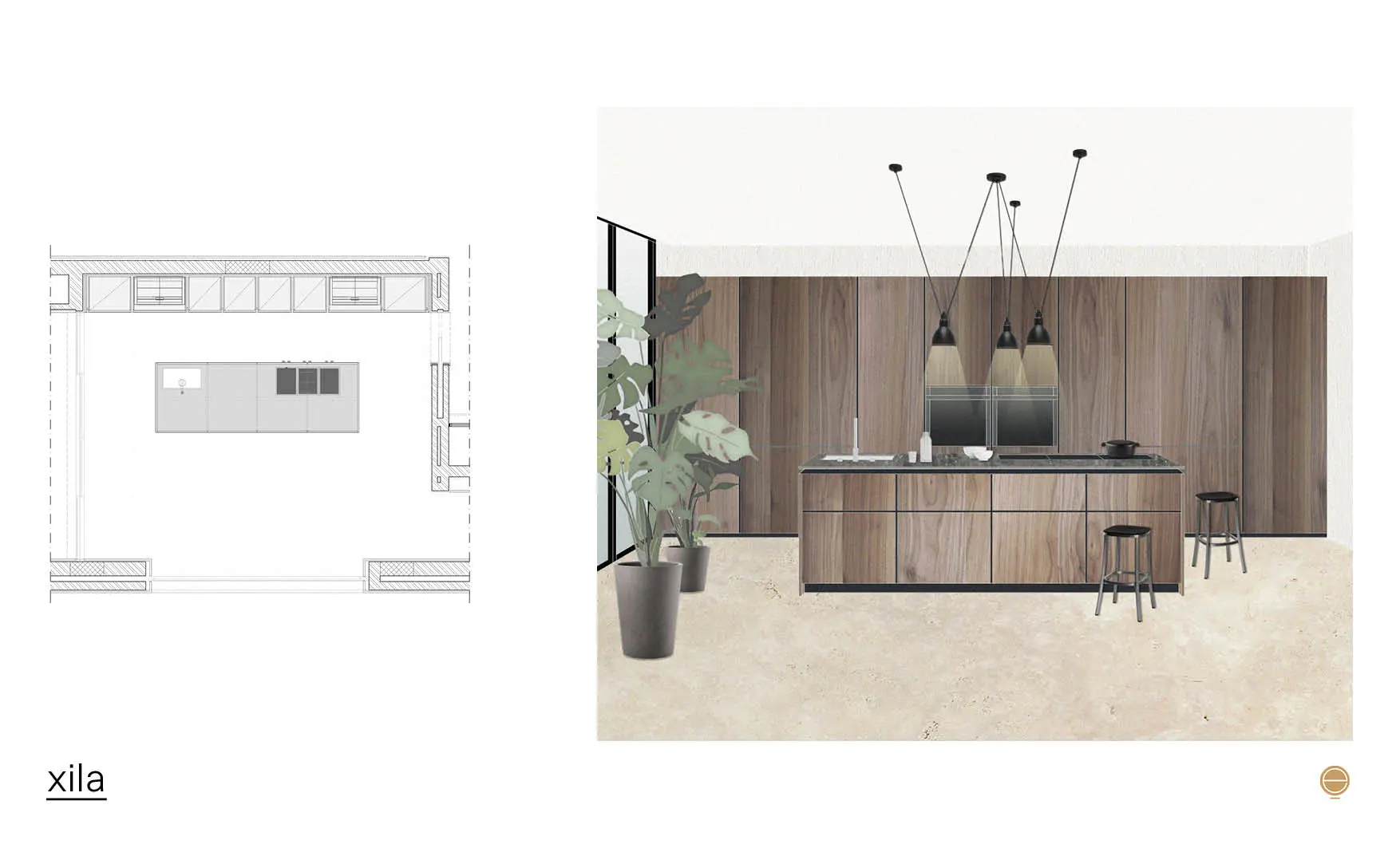 Moodboard for a Boffi Xila kitchen with a walnut island and cluster of pendant lights