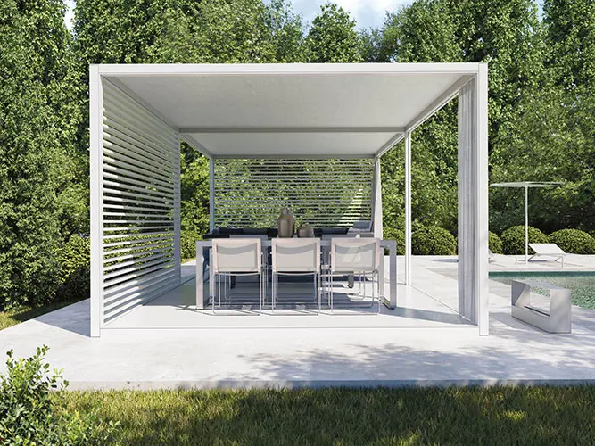 pergola by gandiablasco a high end outdoor furniture brand with high trees on the background