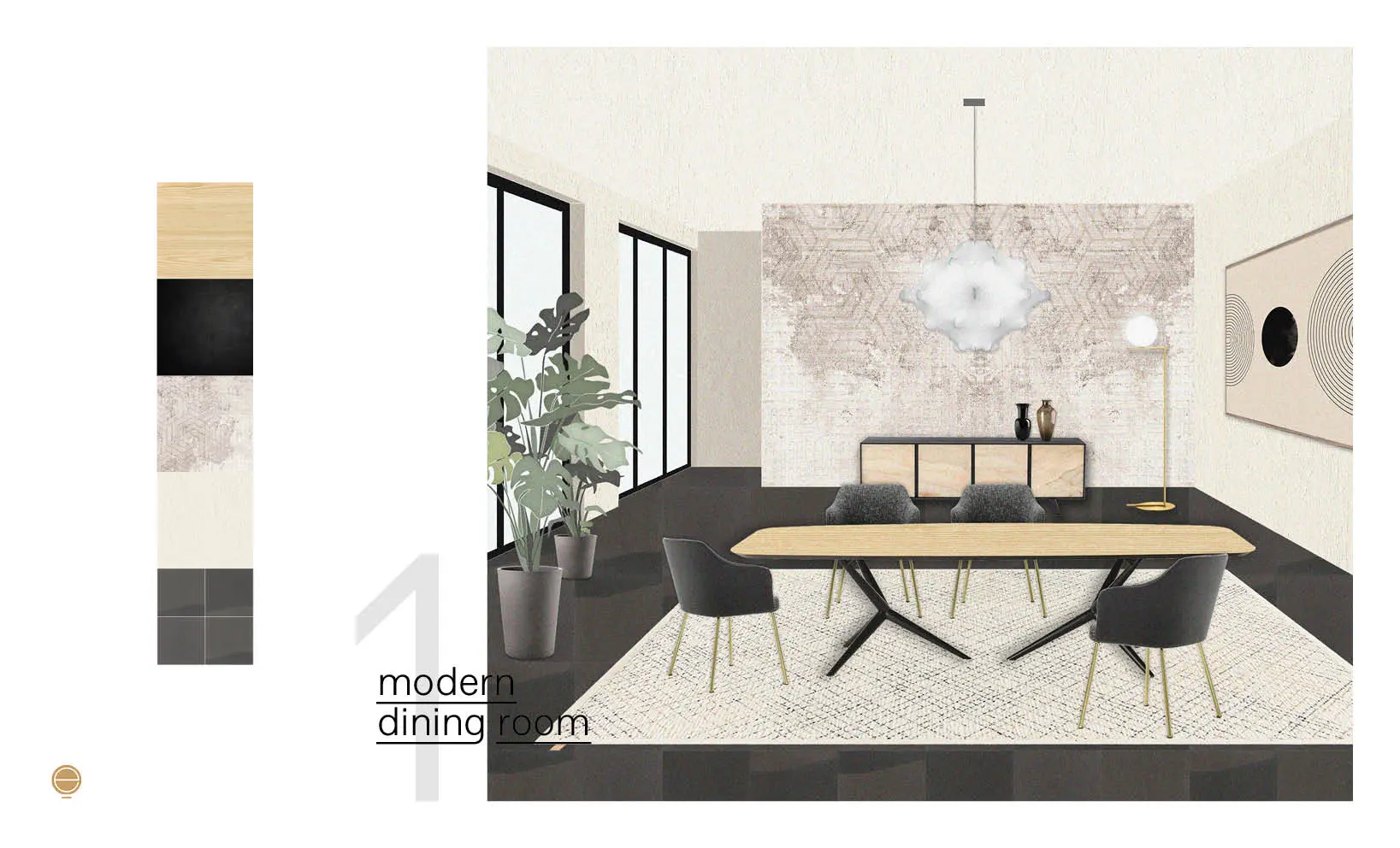 Moodboard for a modern dining room with an oak table on brass legs and a patterned wall panel