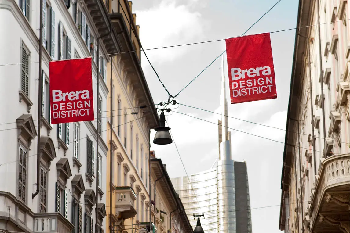 Brera Design District banners in a Milan street