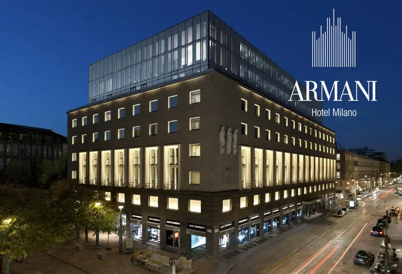Armani Hotel Milano building exterior lit up at night