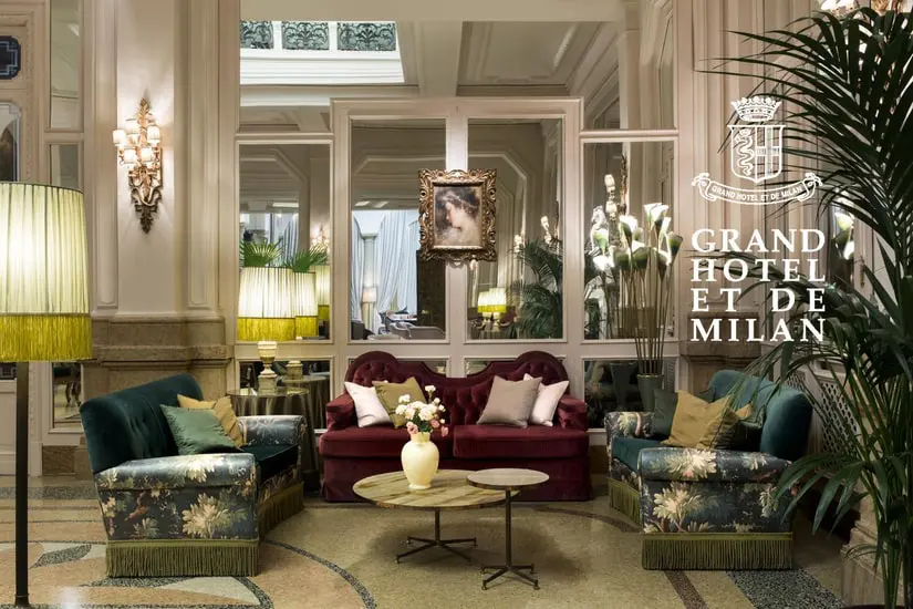 Grand Hotel et de Milan lobby lounge with mirrored walls and velvet sofas