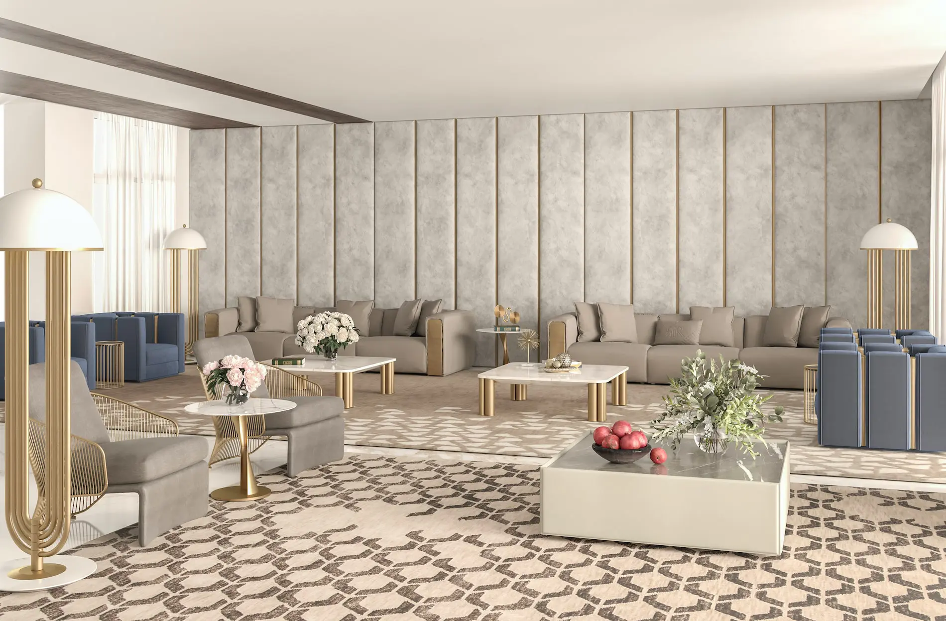 Lounge with gray paneled wall, blue armchairs and patterned rug