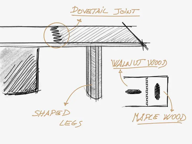 Hand sketch of a table with a dovetail joint, shaped legs, walnut and maple wood