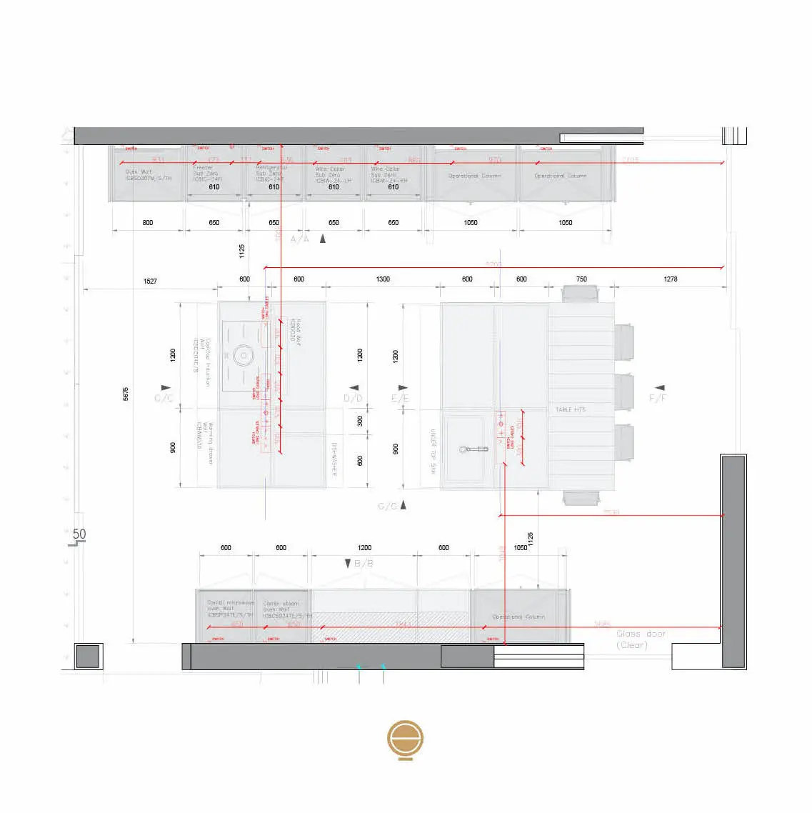 Technical drawing of a kitchen layout with measurements