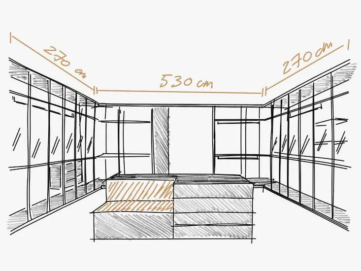 Hand sketch of a walk-in wardrobe with measurements