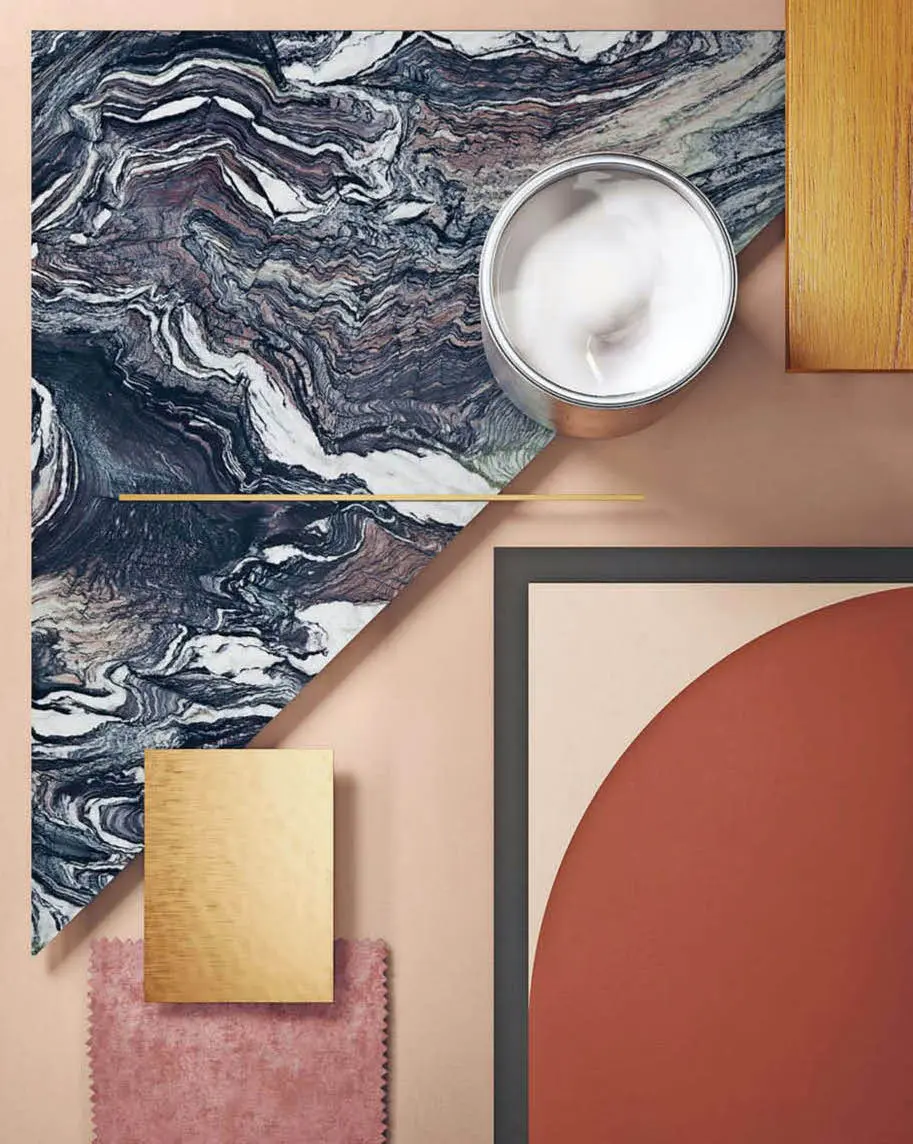 Moodboard with marble, brass, wood and fabric samples